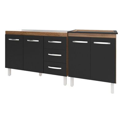 Armário Cozinha Gabinete Pia De 120 Cm Bruna E Balcão Fran Para Cooktop 5 Bocas Savana Preto