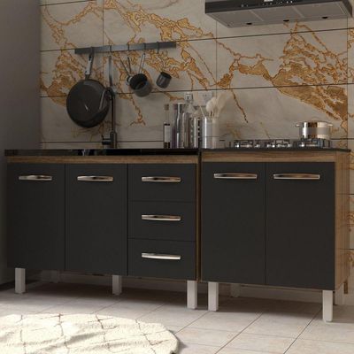 Armário Cozinha Gabinete Pia De 120 Cm Bruna E Balcão Fran Para Cooktop 5 Bocas Savana Preto