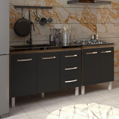 Armário Cozinha Gabinete Pia De 120 Cm Bruna E Balcão Fran Para Cooktop 5 Bocas Savana Preto