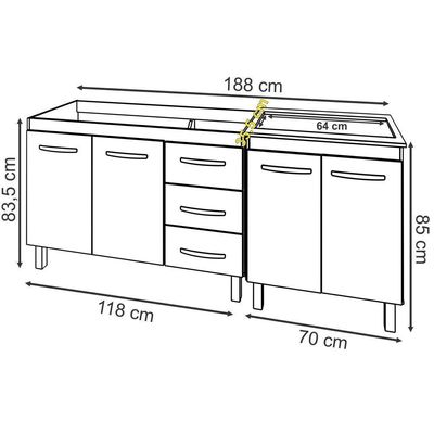 Armário Cozinha Gabinete Pia De 120 Cm Bruna E Balcão Fran Para Cooktop 5 Bocas Savana Preto