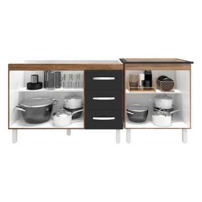 Armário Cozinha Gabinete Pia De 120 Cm Bruna E Balcão Fran Para Cooktop 5 Bocas Savana Preto