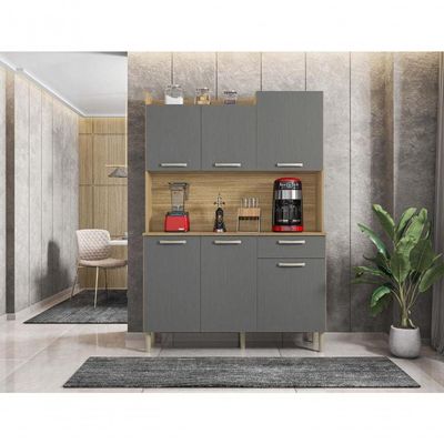 Kit De Cozinha 6 Portas 1 Gaveta Genova Kits Parana Freijó Gris