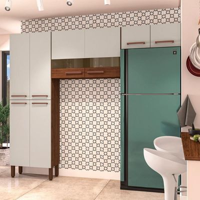 Cozinha Compacta Pequena 8 Portas Nala Kits Paraná Nogueira Off White Ripado