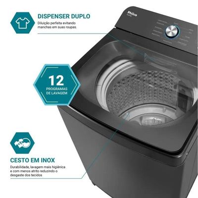 Máquina De Lavar 14 Kg Philco PLR14B 12 Programas De Lavagem Preto 110V