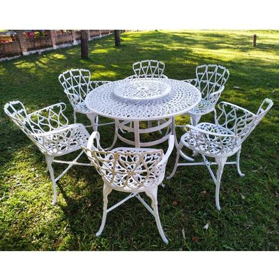 Conjunto De Jardim Viena Mesa 1,25m Giratória 6 Cadeiras E Guarda Sol Branco