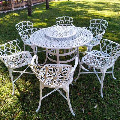 Conjunto De Jardim Viena Mesa 1,25m Giratória 6 Cadeiras E Guarda Sol Bege