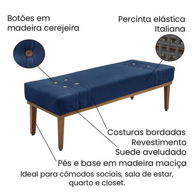 Divã Recamier Banco Base Madeira Para Quarto Gênova 90cm Suede S04 - D'rossi Cor Azul Marinho