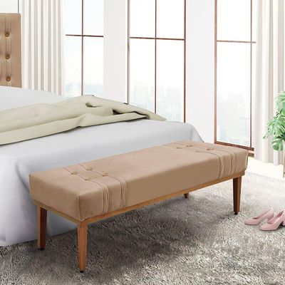 Divã Recamier Banco Base Madeira Para Quarto Gênova 90cm Suede S04 - D'rossi Cor Bege