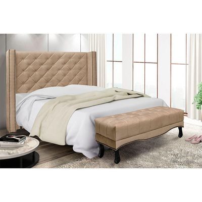 Cabeceira Cama Box Solteiro 90cm e Recamier Vicenza Suede S04 Cor Bege