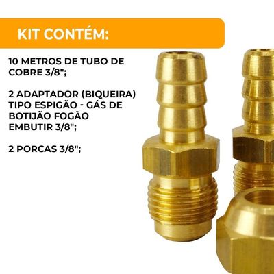 Kit Cano De Cobre 3-8 Gás De Cozinha 10m + Bico Para Mangueira 1 Unidade