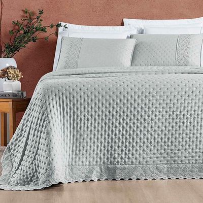 Kit Cobre Leito Colcha Nobre Casal Queen 3 Peças Micropercal 200 Fios Matelado - Cinza Geada