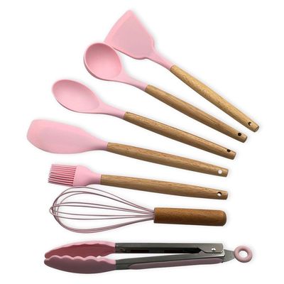 Conjunto De Utensilios Silicone 8 Pecas Fouet Concha Pincel Pegador Rosa
