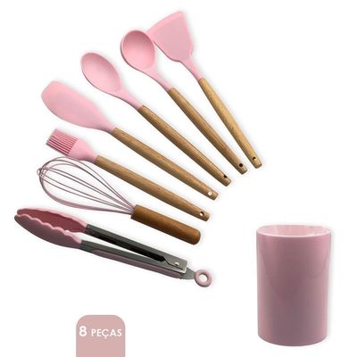 Conjunto De Utensilios Silicone 8 Pecas Fouet Concha Pincel Pegador Rosa