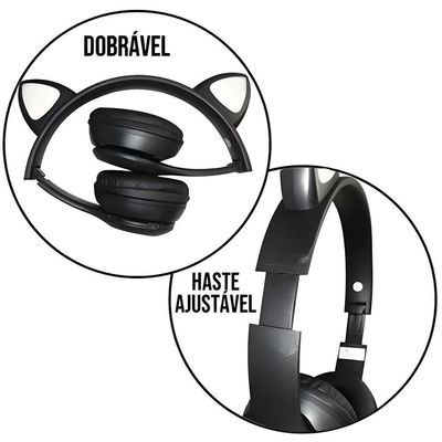 Fone Bluetooth Orelha De Gato Led Colorido Preto