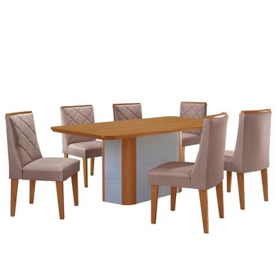 Mesa De Jantar Isadora Tampo MDF 6 Cadeiras Isadora Moderna Linho Capuccino Naturale