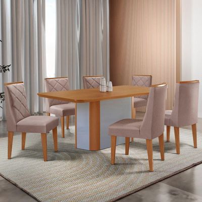 Mesa De Jantar Isadora Tampo MDF 6 Cadeiras Isadora Moderna Linho Capuccino Naturale