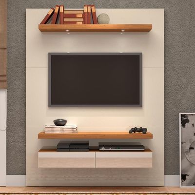 Painel Para Tv 55 Pol 140cm 2 Gavetas Com Espelho Aksa D03 Off White Freijó - Lyam Decor