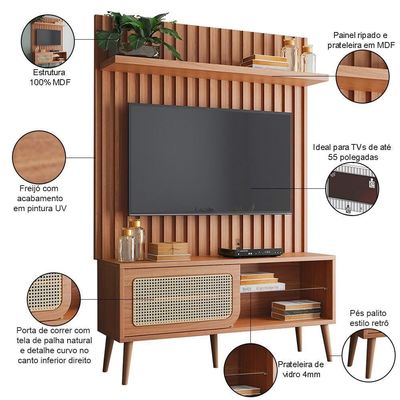 Rack Para Sala Com Painel Ripado Para Tv 55 Pol Egon D03 Freijó - Lyam Decor