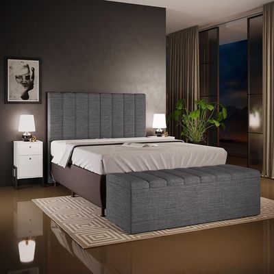 Kit Cabeceira Cama Box Casal King 195cm Com Calçadeira Baú Dália W01 Linho Cinza Escuro - Lyam