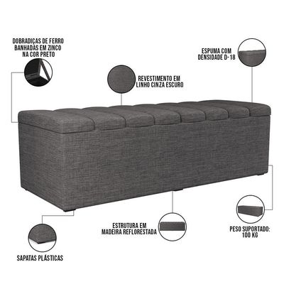 Kit Cabeceira Cama Box Casal King 195cm Com Calçadeira Baú Dália W01 Linho Cinza Escuro - Lyam