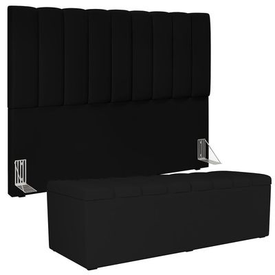 Kit Cabeceira Cama Box Casal King 195cm Com Calçadeira Baú Dália W01 Suede Preto - Lyam