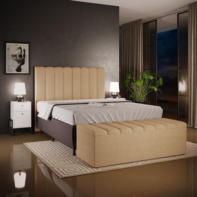 Kit Cabeceira Cama Box Casal King 195cm Com Calçadeira Baú Dália W01 Linho Bege Escuro - Lyam