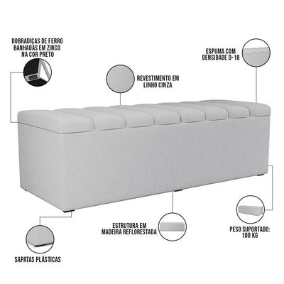 Kit Cabeceira Cama Box Casal King 195cm Com Calçadeira Baú Dália W01 Linho Cinza - Lyam