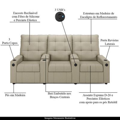 Poltrona Reclinável Para Cinema Parma 3 Lugares Baú Usb Pu Bege Fh1 - D'rossi