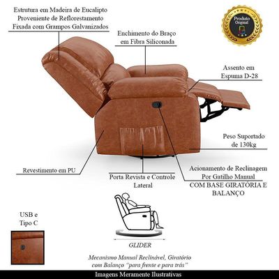 Poltrona Do Papai Reclinável Melim Glider Giratória Usb Pu Caramelo Brilho Fh1 - D'rossi