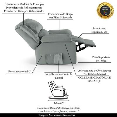 Poltrona Do Papai Reclinável Melim Glider Giratória Massagem Pu Cinza Fh1 - D'rossi