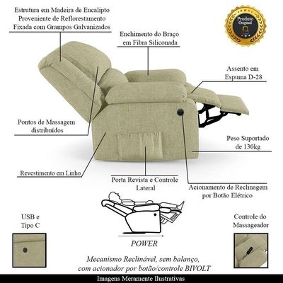 Poltrona Do Papai Reclinável Melim Power Elétrica Massagem Linho Bege Fh1 - D'rossi