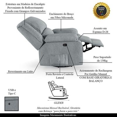 Poltrona Do Papai Reclinável Melim Glider Giratória Usb Linho Cinza Fh1 - D'rossi