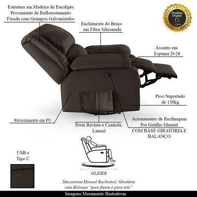 Poltrona Do Papai Reclinável Melim Glider Giratória Usb Pu Marrom Fh1 - D'rossi