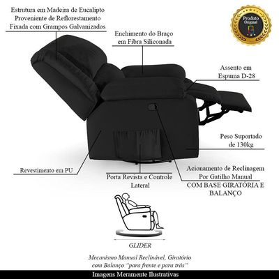 Poltrona Do Papai Reclinável Melim Glider Giratória Massagem Pu Preto Fh1 - D'rossi