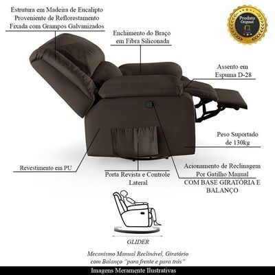 Poltrona Do Papai Reclinável Melim Glider Giratória Pu Marrom Fh1 - D'rossi