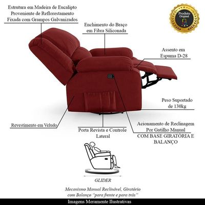 Poltrona Do Papai Reclinável Melim Glider Giratória Massagem Vel Vermelho Fh1 - D'rossi