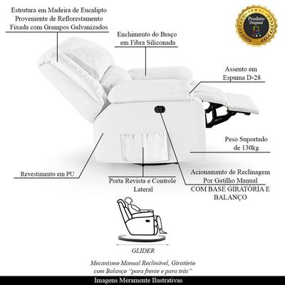 Poltrona Do Papai Reclinável Melim Glider Giratória Massagem Pu Branco Fh1 - D'rossi
