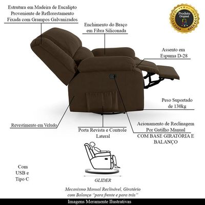 Poltrona Do Papai Reclinável Melim Glider Giratória Usb Veludo Marrom Fh1 - D'rossi