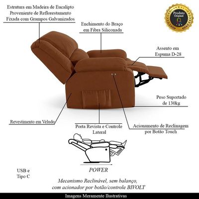 Poltrona Do Papai Reclinável Melim Power Touch Massagem Veludo Terracota Fh1 - D'rossi