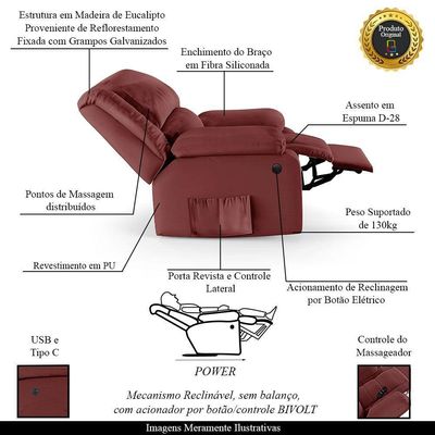 Poltrona Do Papai Reclinável Melim Power Elétrica Massagem Pu Vermelho Fh1 - D'rossi