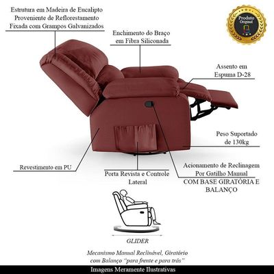 Poltrona Do Papai Reclinável Melim Glider Giratória Massagem Pu Vermelho Fh1 - D'rossi