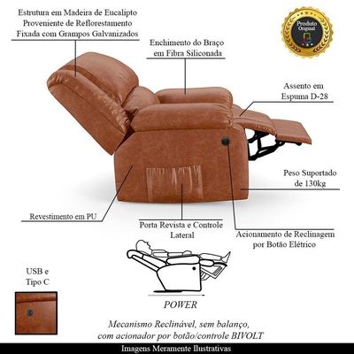 Poltrona Do Papai Reclinável Melim Power Elétrica Usb Pu Caramelo Brilho Fh1 - D'rossi