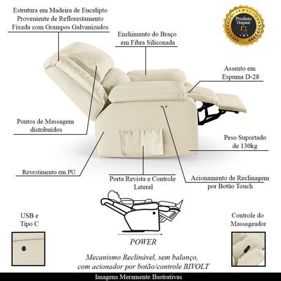 Poltrona Do Papai Reclinável Melim Power Touch Massagem Pu Bege Fh1 - D'rossi