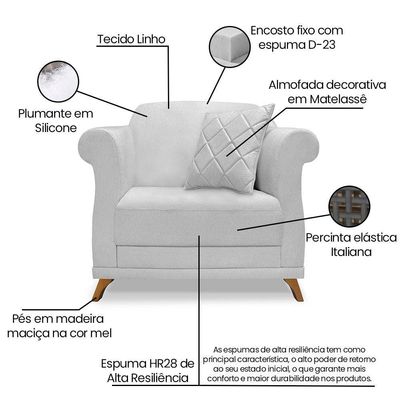 Poltrona Sala De Estar Pé De Madeira Julieta Linho Grigio S04 - D'rossi