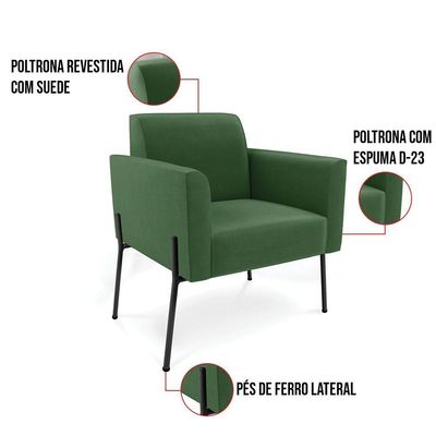 Poltrona Pé De Ferro Preto Para Sala Kit 2 Marisa Suede D03 - D'rossi Cor Verde