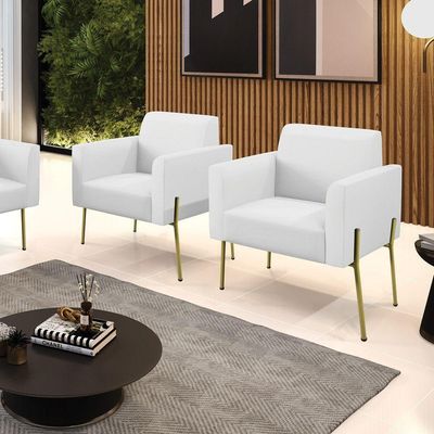 Poltrona Pé De Ferro Dourado Kit 2 Para Sala Marisa Corino Branco D03