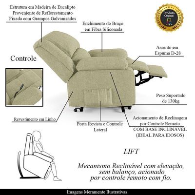 Poltrona Do Papai Reclinável Melim Elevação Lift Elétrico Linho Bege Fh1 - D'rossi