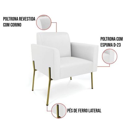 Poltrona Pé De Ferro Dourado Kit 2 Para Sala Marisa Corino Branco D03
