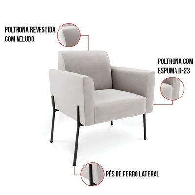 Poltrona Pé De Ferro Preto Para Sala Kit 2 Marisa Veludo Cinza D03 - D'rossi