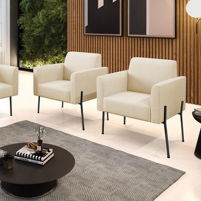 Poltrona Pé De Ferro Preto Kit 2 Decorativa Marisa Linho Bege D03 - D'rossi